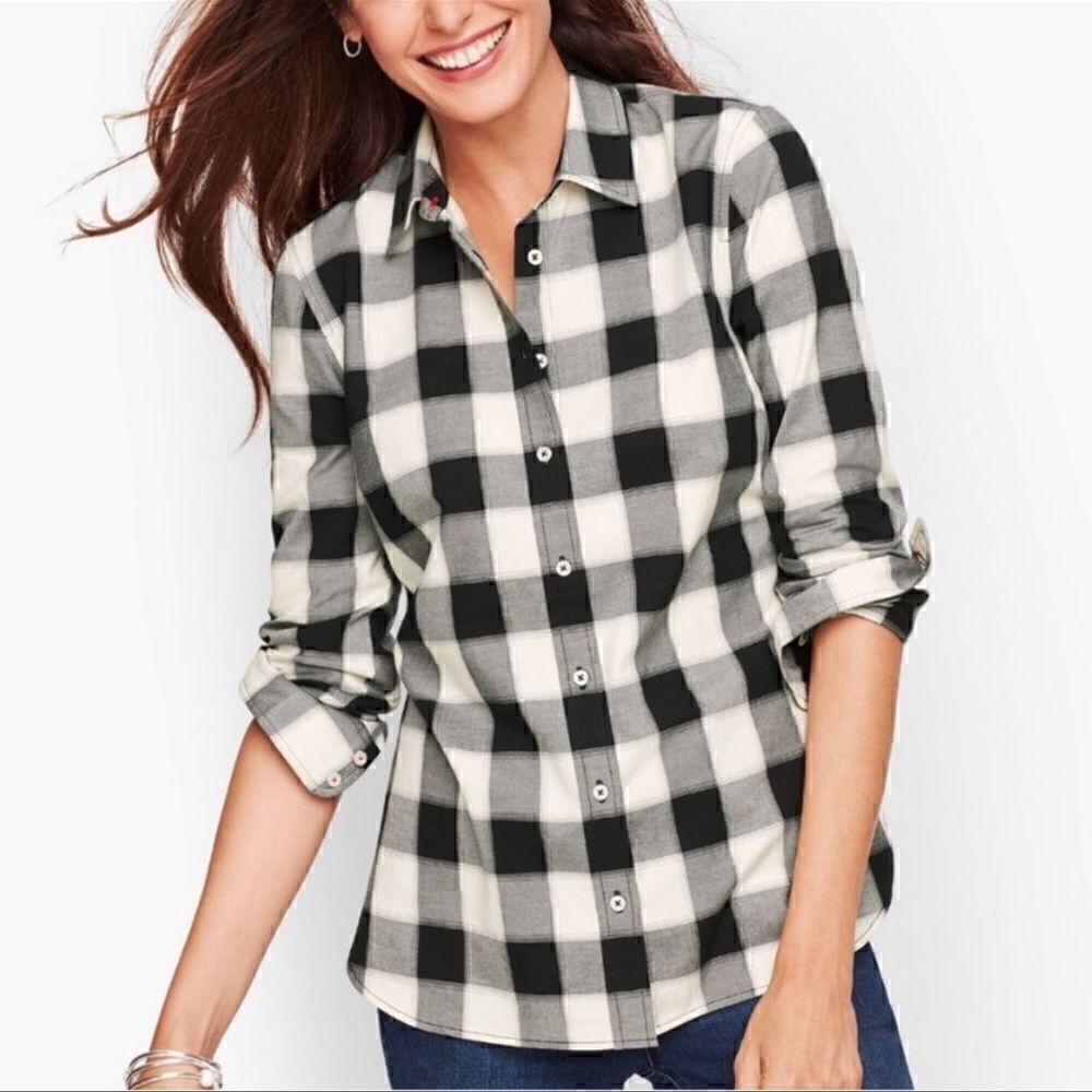 Talbots- Black/White Buffalo Plaid 100% Cotton Flannel Button-Down Shirt, Sz 0X